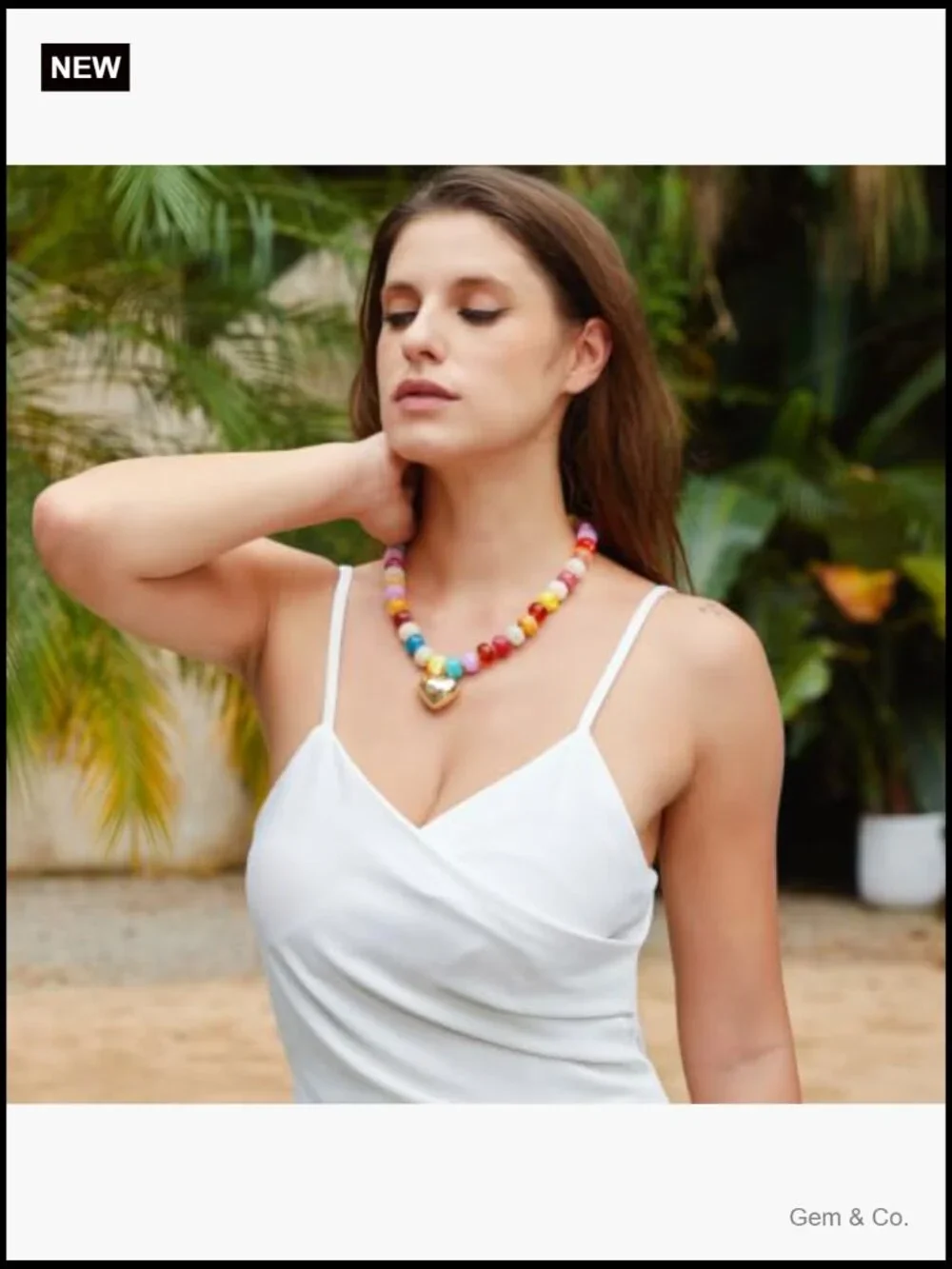 Chunky Beaded Necklace with Gold Heart Pendant Statement Jewelry